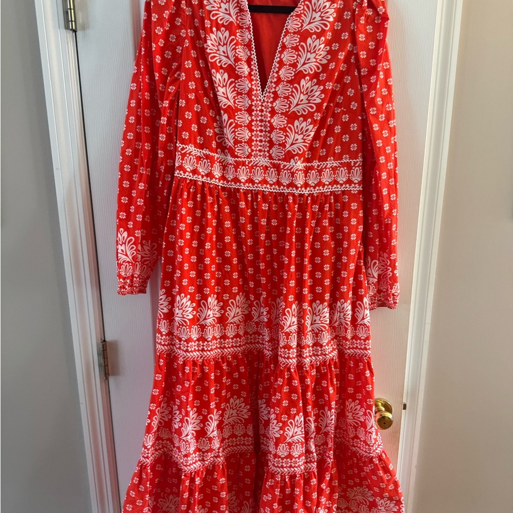 Boden Violet Trim Red and White Long Sleeve Midi Dress